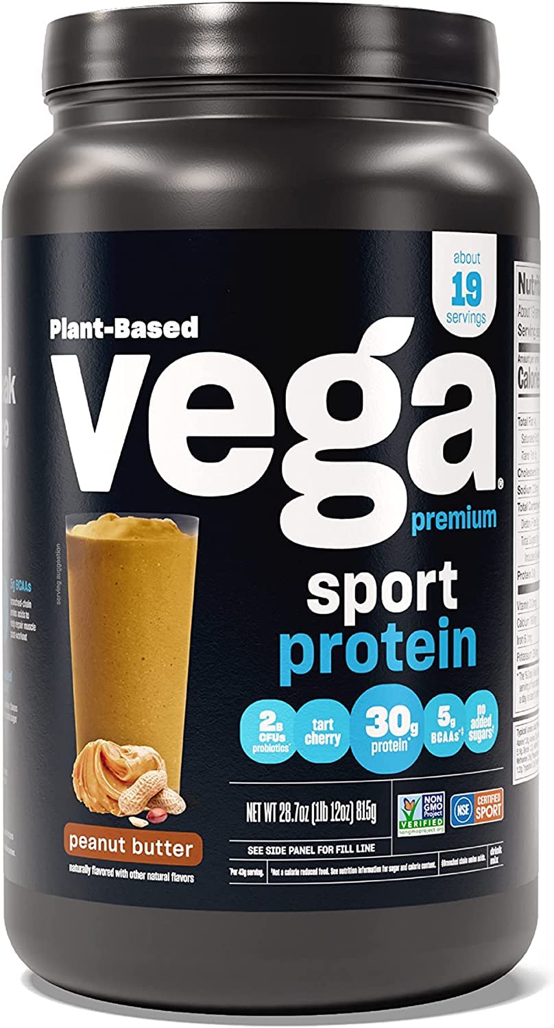 Vega Premium Sport Protein Peanut Butter Protein Powder, Vegan, Non GMO, Gluten Free Plant Based Protein Powder Drink Mix, NSF Certified for Sport, 28.7 oz